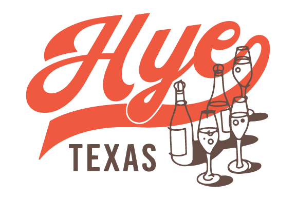 Hye, Texas script artwork in post office red with sparkling wine glasses