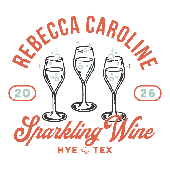 Rebecca Caroline badge artwork with two coupe glasses, Sparkling Wine, Hye, Texas, 2026