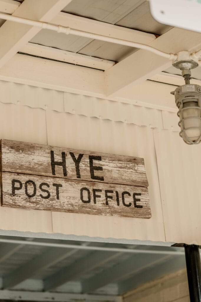 The vintage Hye Post Office lettering mounted above the tasting room counter