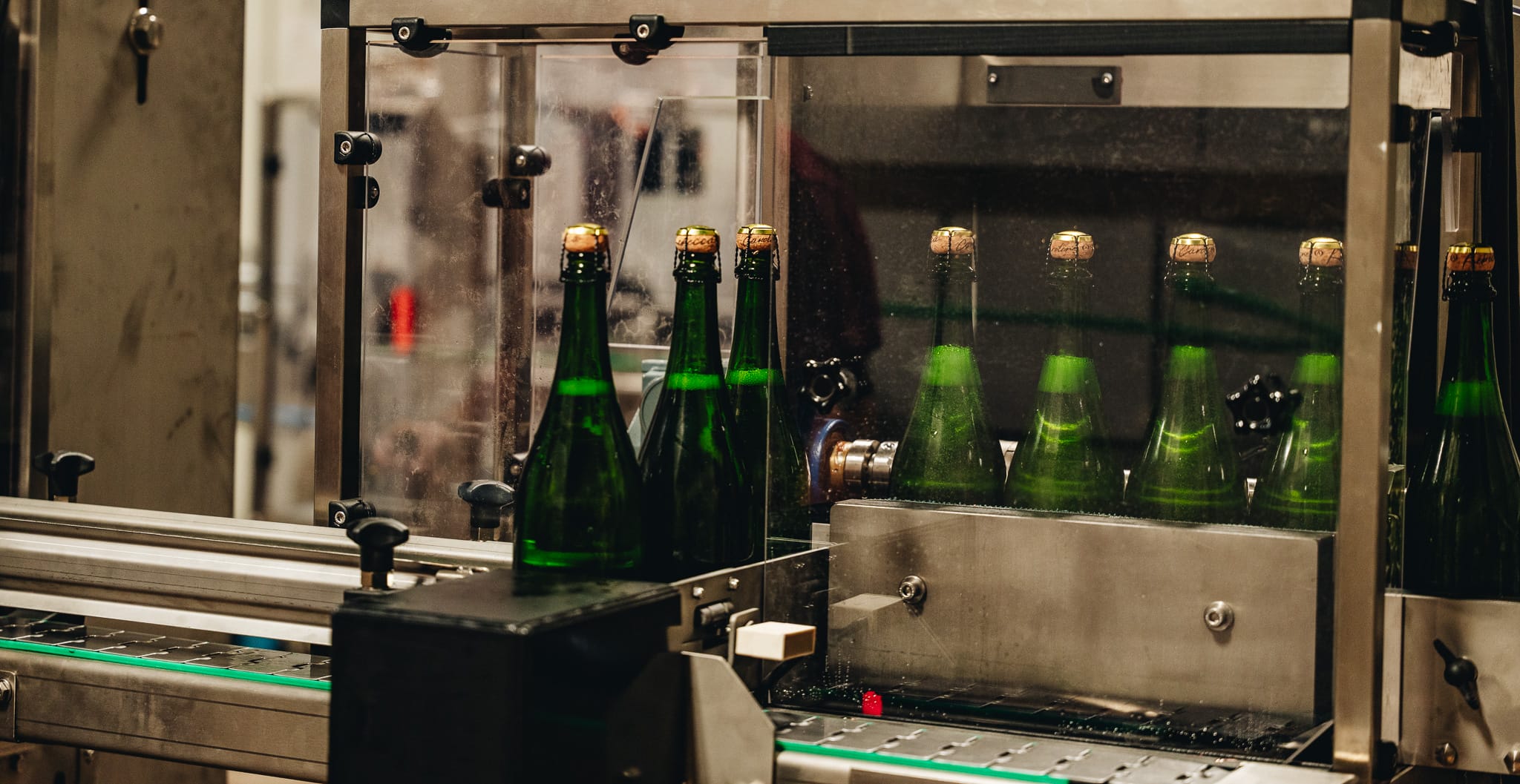 Bottles of Texas traditional-method sparkling wine moving along the bottling line at William Chris Vineyards