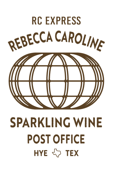 R.C. Express emblem: a globe framed by the words Rebecca Caroline Sparkling Wine Post Office, Hye, Texas